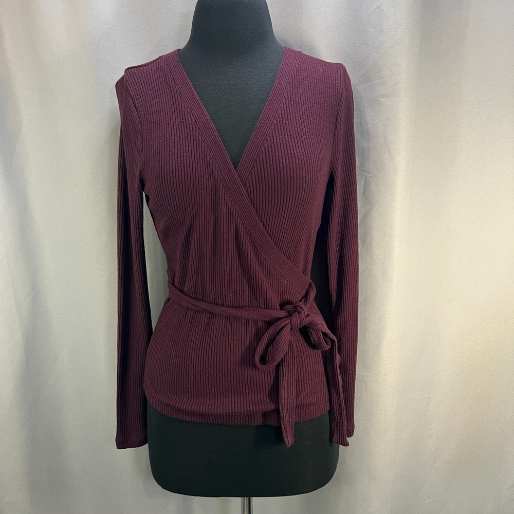 Express Ribbed Faux Wrap Tie Waist Long Sleeve Top Womens Small Burgundy Stretch